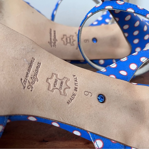 Something Bleu, polka dot sandals, blue/orange/white. Leather sole, size 9 - Picture 3 of 8